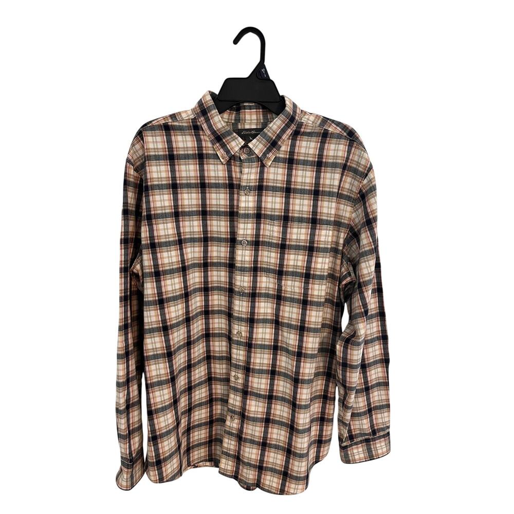 Eddie Bauer Mens Plaid Shirt Size Large Yellow Gray Botton Down Long Sleeves